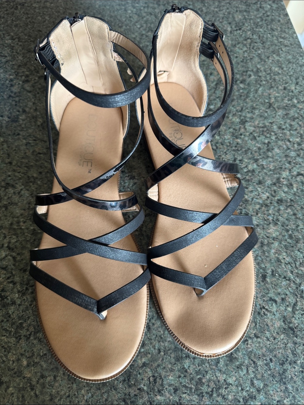 Women’s Black Strappy Flat Sandals with Ankle Buckle and heel zipper